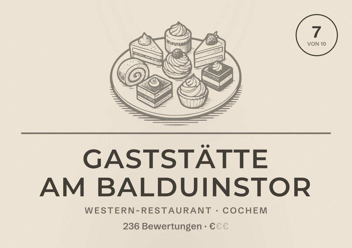 Illustriertes Poster von Gaststätte am Balduinstor, Western-Restaurant in Cochem: Bewertung 7 von 10 aus 236 Bewertungen, Preisniveau €