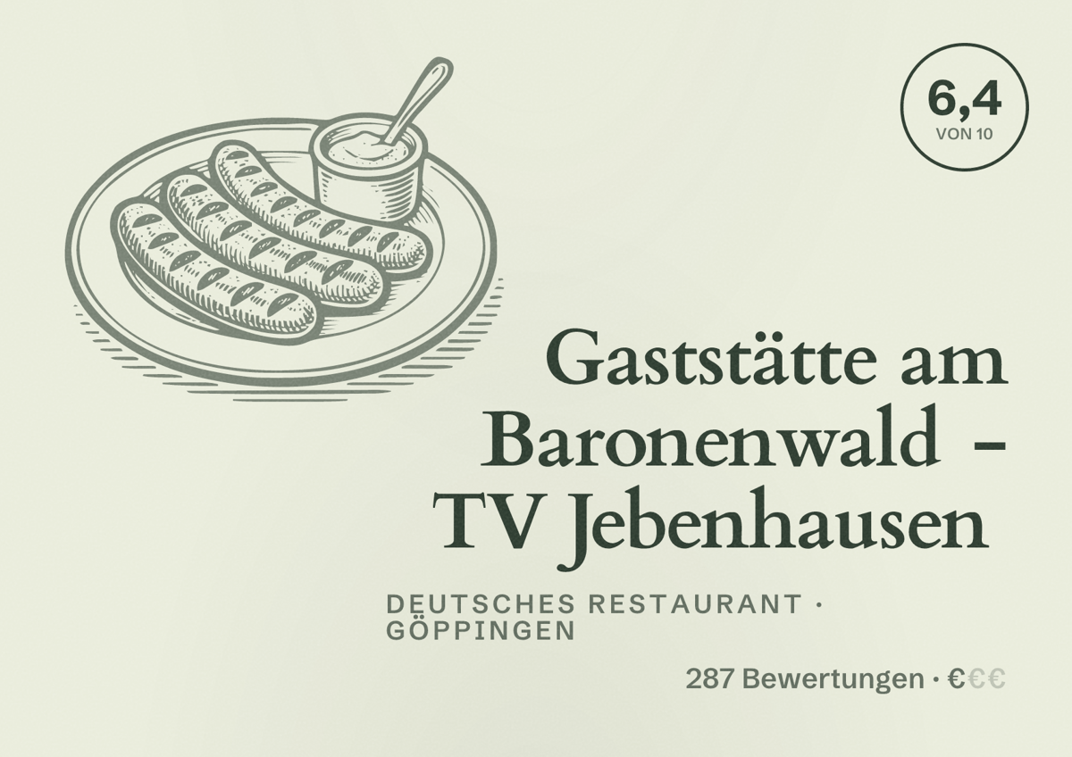 Illustriertes Poster von Gaststätte am Baronenwald - TV Jebenhausen, Deutsches Restaurant in Göppingen: Bewertung 6,4 von 10 aus 287 Bewertungen, Preisniveau €