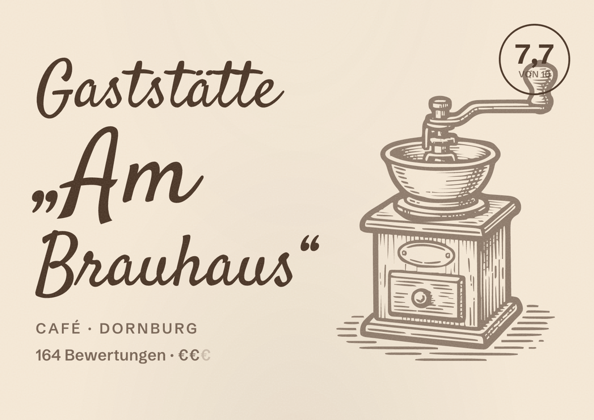 Illustriertes Poster von Gaststätte „Am Brauhaus“, Café in Dornburg: Bewertung 7,7 von 10 aus 164 Bewertungen, Preisniveau €€