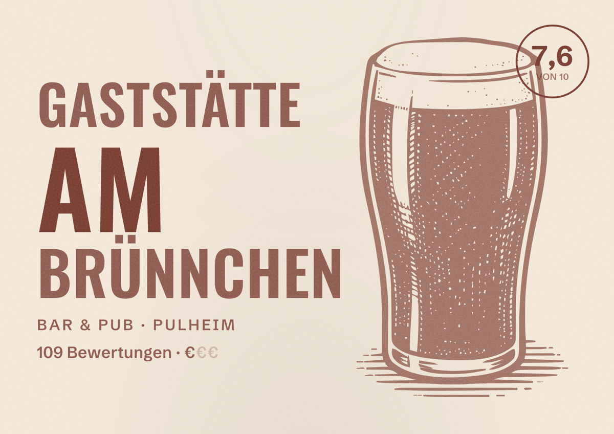 Illustriertes Poster von Gaststätte Am Brünnchen, Bar & Pub in Pulheim: Bewertung 7,6 von 10 aus 109 Bewertungen, Preisniveau €