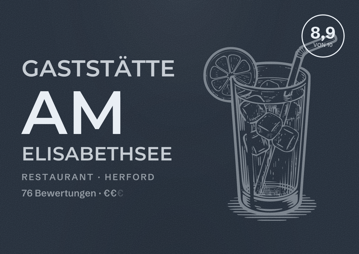 Illustriertes Poster von Gaststätte am Elisabethsee, Restaurant in Herford: Bewertung 8,9 von 10 aus 76 Bewertungen, Preisniveau €€