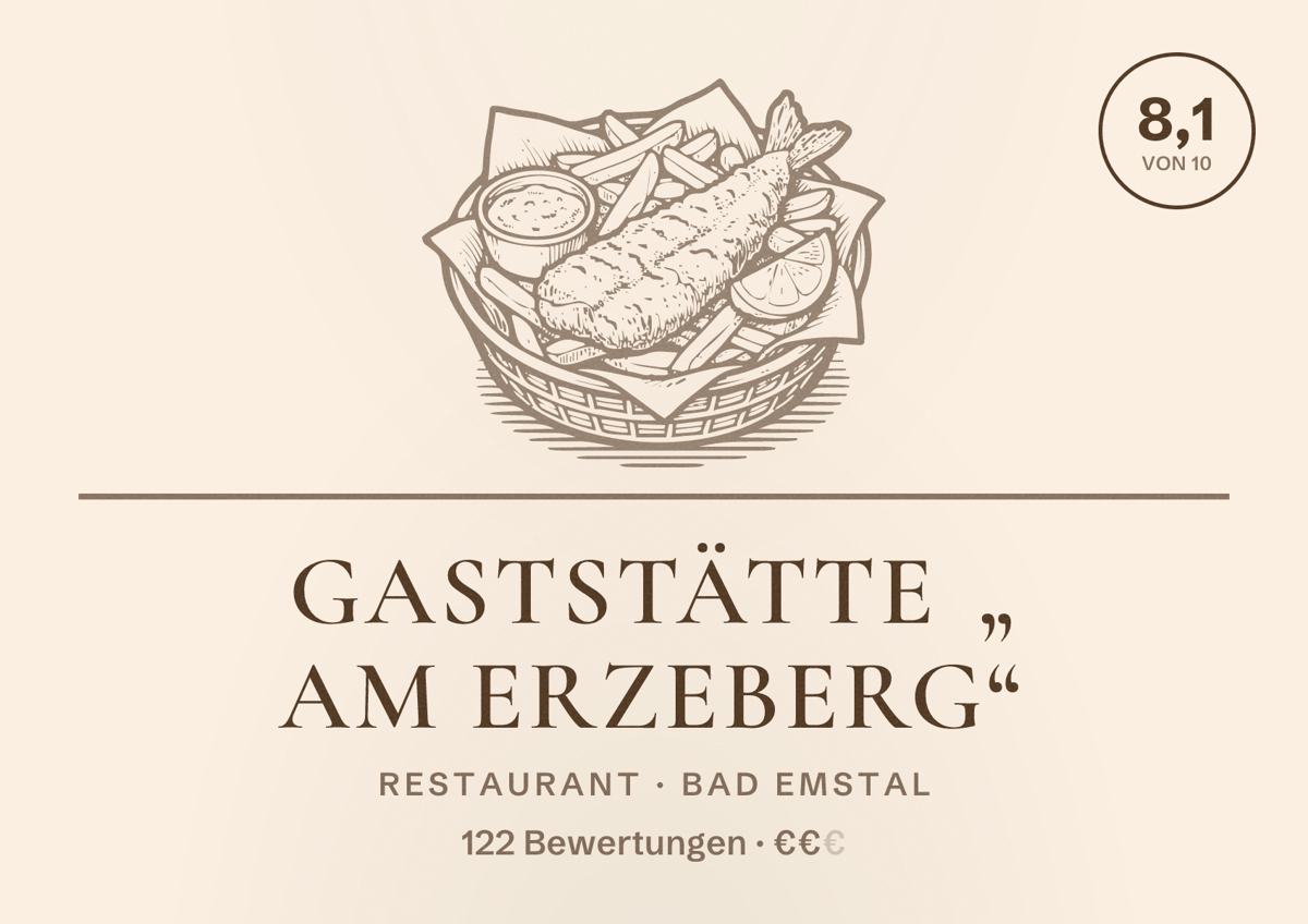 Illustriertes Poster von Gaststätte „ Am Erzeberg“, Restaurant in Bad Emstal: Bewertung 8,1 von 10 aus 122 Bewertungen, Preisniveau €€