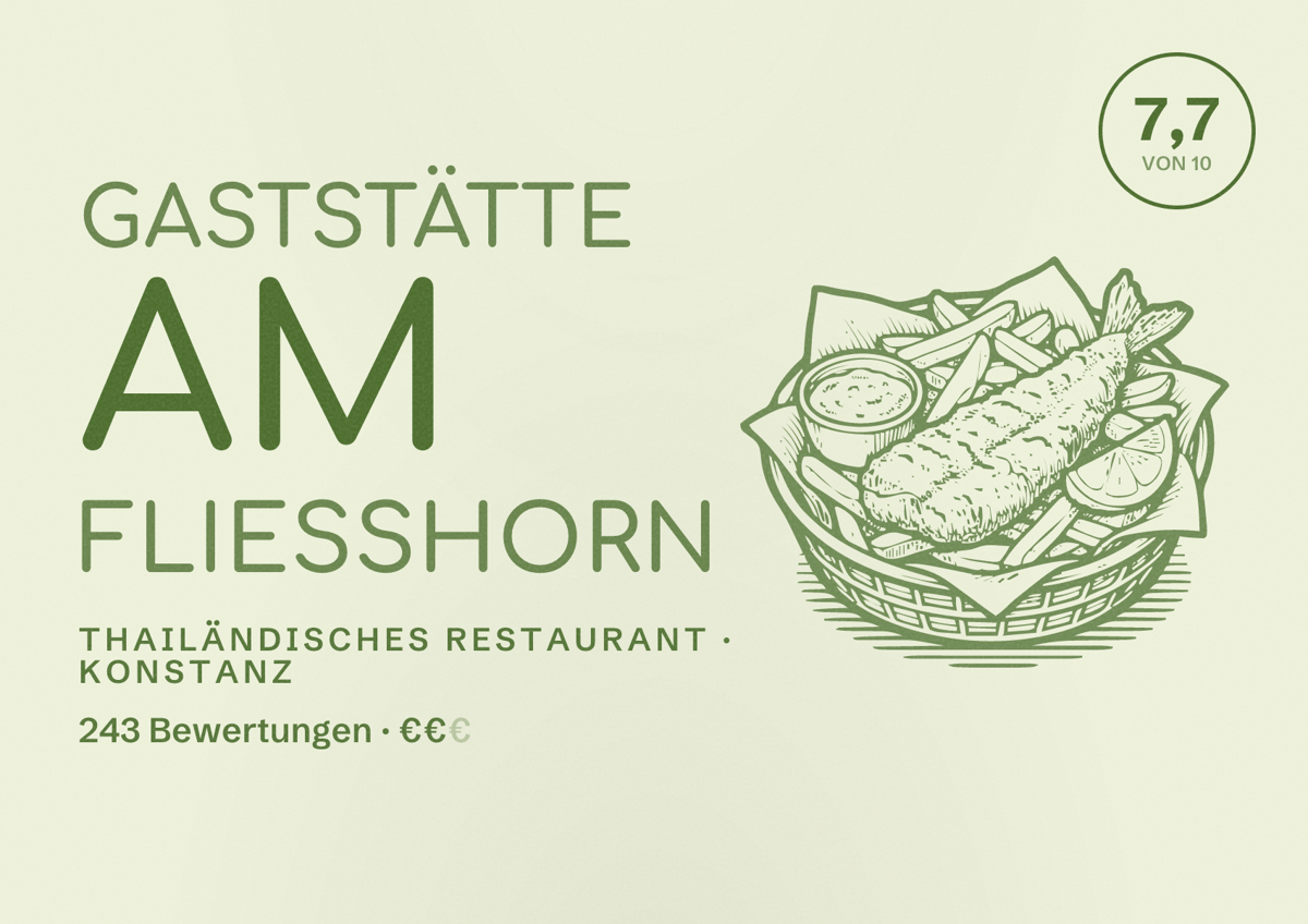 Illustriertes Poster von Gaststätte am Fließhorn, Thailändisches Restaurant in Konstanz: Bewertung 7,7 von 10 aus 243 Bewertungen, Preisniveau €€