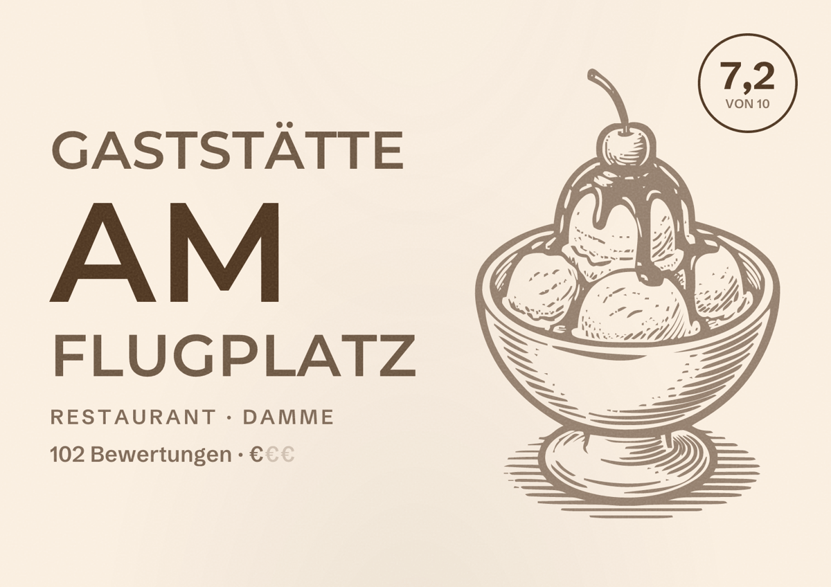 Illustriertes Poster von Gaststätte am Flugplatz, Restaurant in Damme: Bewertung 7,2 von 10 aus 102 Bewertungen, Preisniveau €