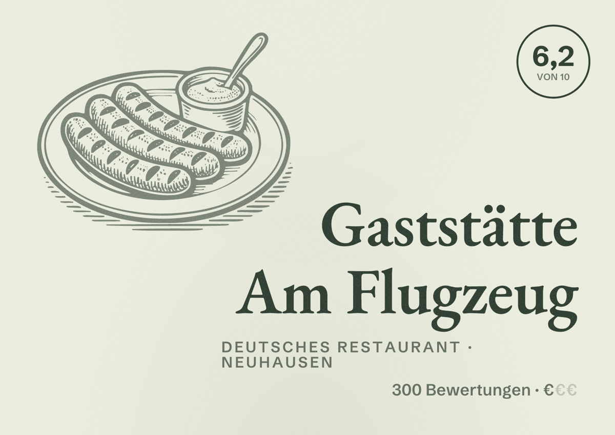 Illustriertes Poster von Gaststätte Am Flugzeug, Deutsches Restaurant in Neuhausen: Bewertung 6,2 von 10 aus 300 Bewertungen, Preisniveau €