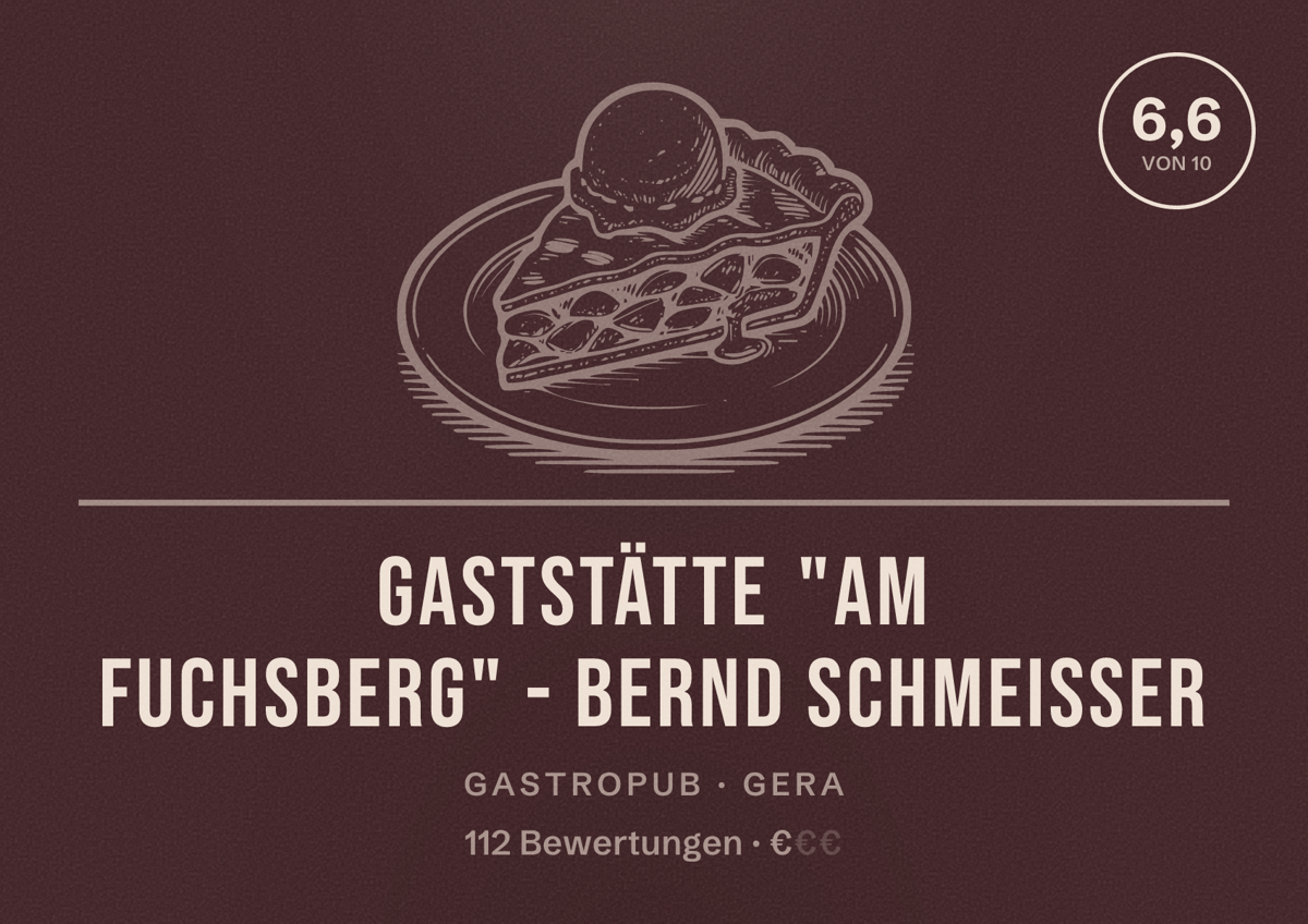 Illustriertes Poster von Gaststätte "Am Fuchsberg" - Bernd Schmeißer, Gastropub in Gera: Bewertung 6,6 von 10 aus 112 Bewertungen, Preisniveau €