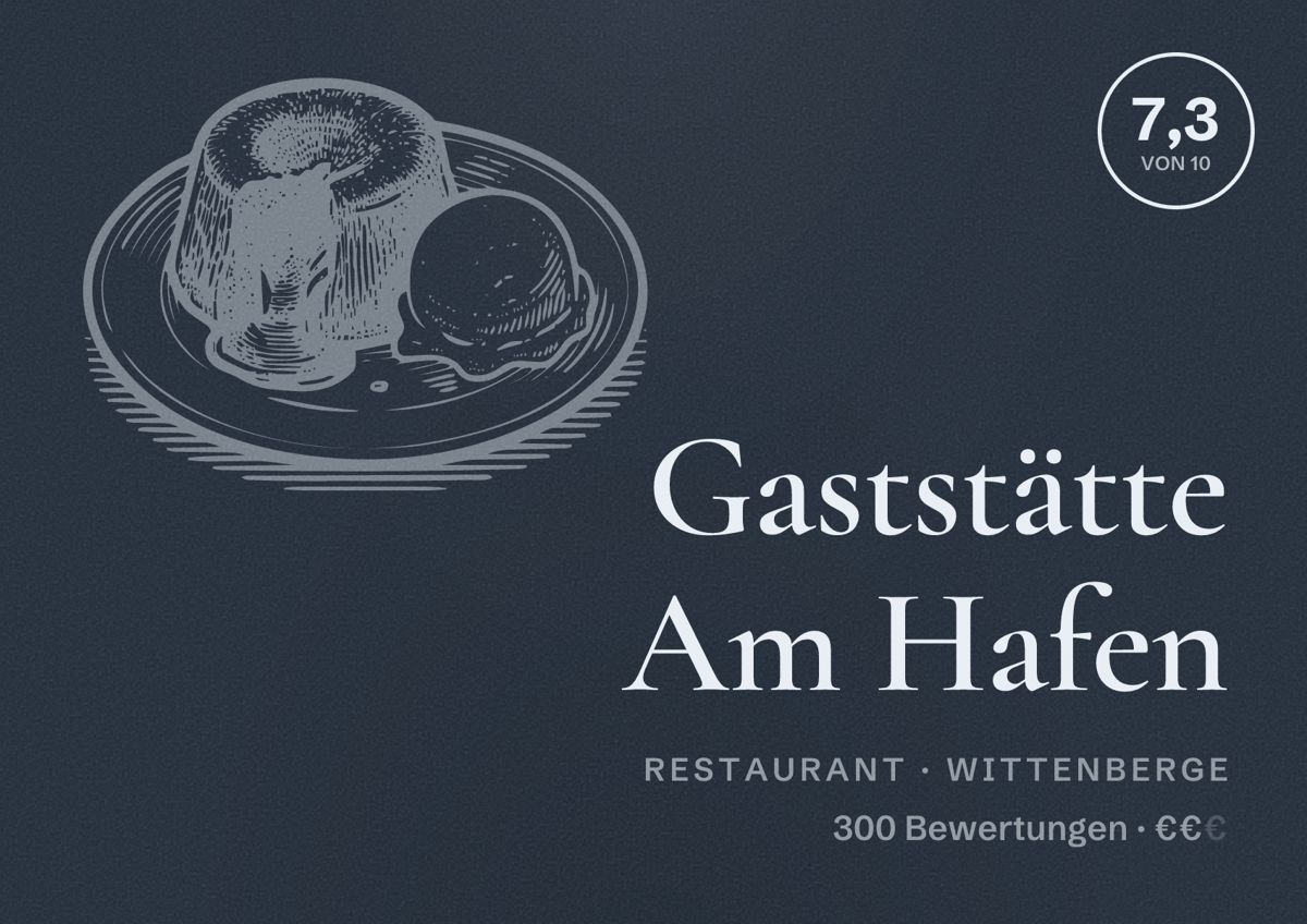 Illustriertes Poster von Gaststätte Am Hafen, Restaurant in Wittenberge: Bewertung 7,3 von 10 aus 300 Bewertungen, Preisniveau €€