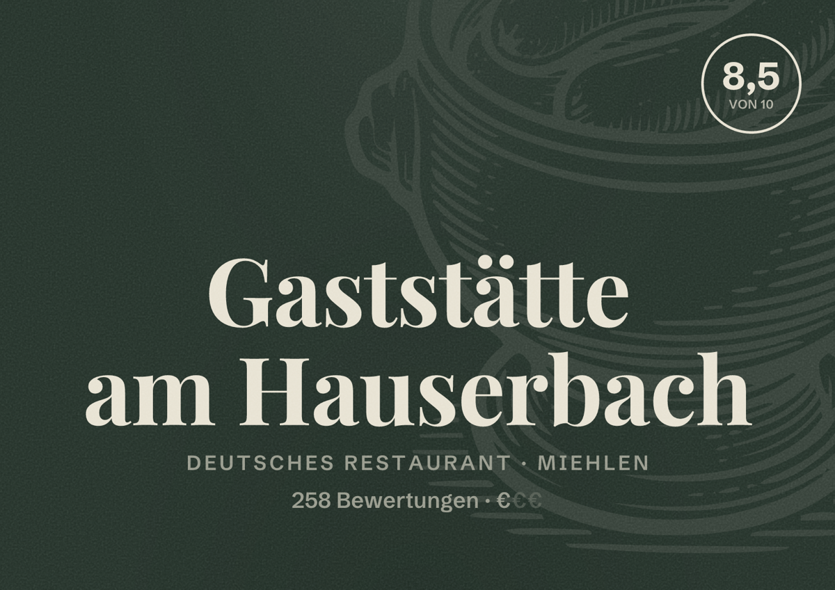 Illustriertes Poster von Gaststätte am Hauserbach, Deutsches Restaurant in Miehlen: Bewertung 8,5 von 10 aus 258 Bewertungen, Preisniveau €