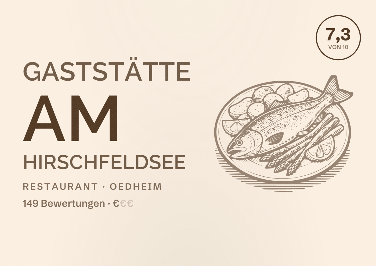 Illustriertes Poster von Gaststätte am Hirschfeldsee, Restaurant in Oedheim: Bewertung 7,3 von 10 aus 149 Bewertungen, Preisniveau €