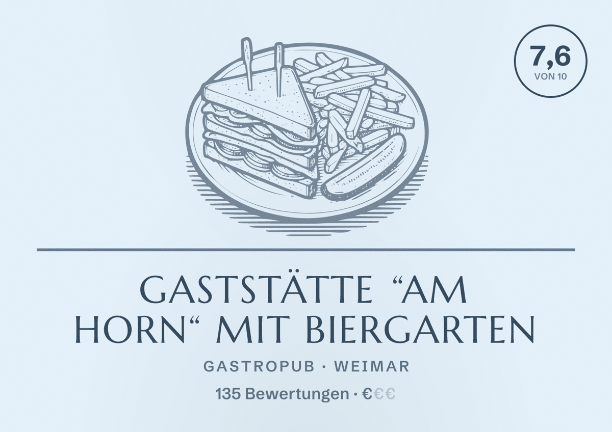 Illustriertes Poster von Gaststätte “Am Horn“ mit Biergarten, Gastropub in Weimar: Bewertung 7,6 von 10 aus 135 Bewertungen, Preisniveau €