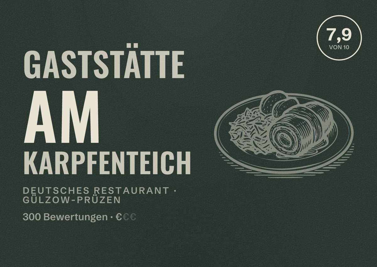 Illustriertes Poster von Gaststätte am Karpfenteich, Deutsches Restaurant in Gülzow-Prüzen: Bewertung 7,9 von 10 aus 300 Bewertungen, Preisniveau €