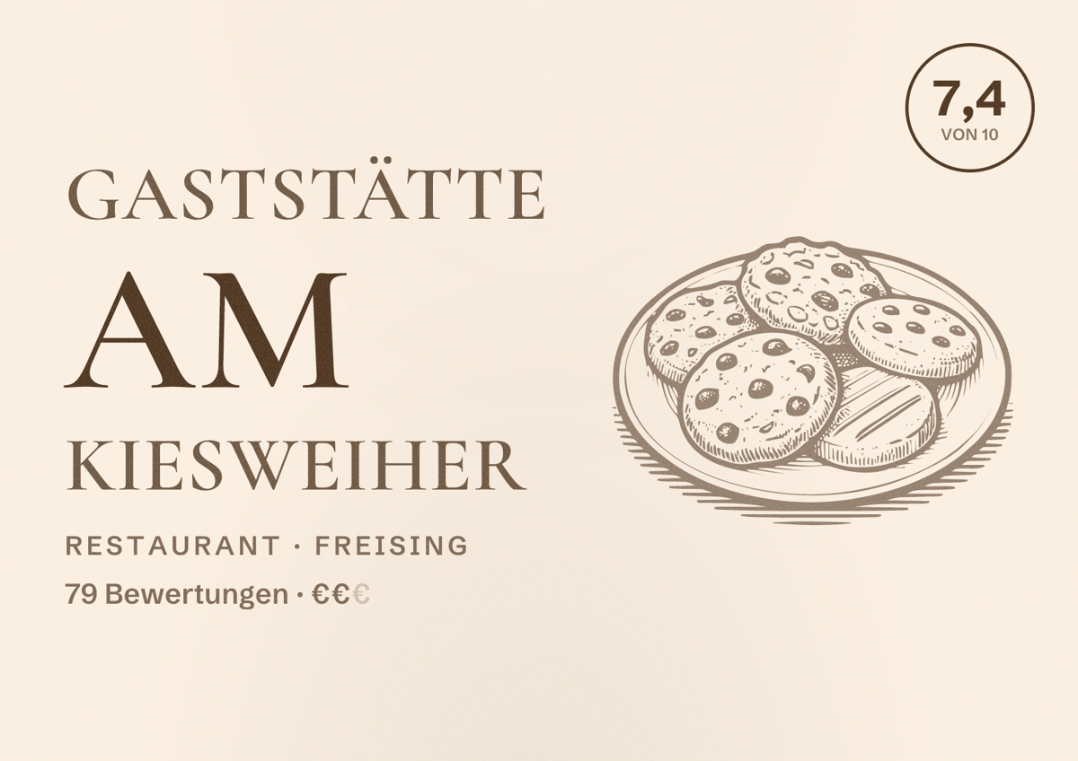 Illustriertes Poster von Gaststätte am Kiesweiher, Restaurant in Freising: Bewertung 7,4 von 10 aus 79 Bewertungen, Preisniveau €€