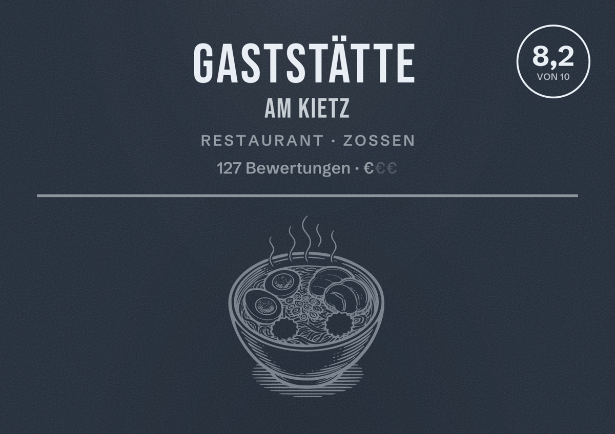 Illustriertes Poster von Gaststätte Am Kietz, Restaurant in Zossen: Bewertung 8,2 von 10 aus 127 Bewertungen, Preisniveau €