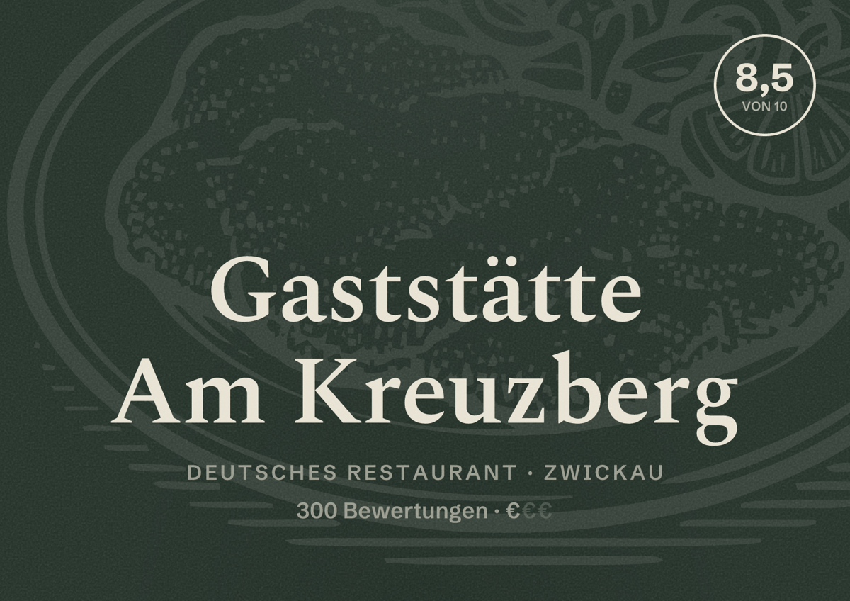 Illustriertes Poster von Gaststätte Am Kreuzberg, Deutsches Restaurant in Zwickau: Bewertung 8,5 von 10 aus 300 Bewertungen, Preisniveau €
