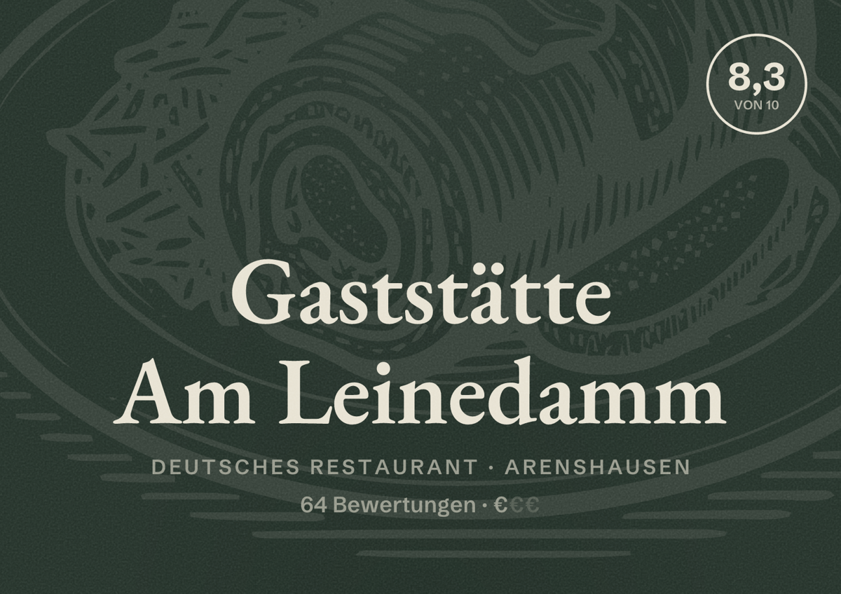 Illustriertes Poster von Gaststätte Am Leinedamm, Deutsches Restaurant in Arenshausen: Bewertung 8,3 von 10 aus 64 Bewertungen, Preisniveau €