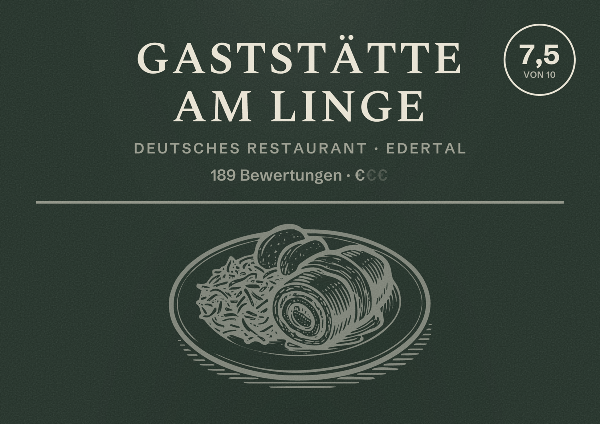 Illustriertes Poster von Gaststätte Am Linge, Deutsches Restaurant in Edertal: Bewertung 7,5 von 10 aus 189 Bewertungen, Preisniveau €