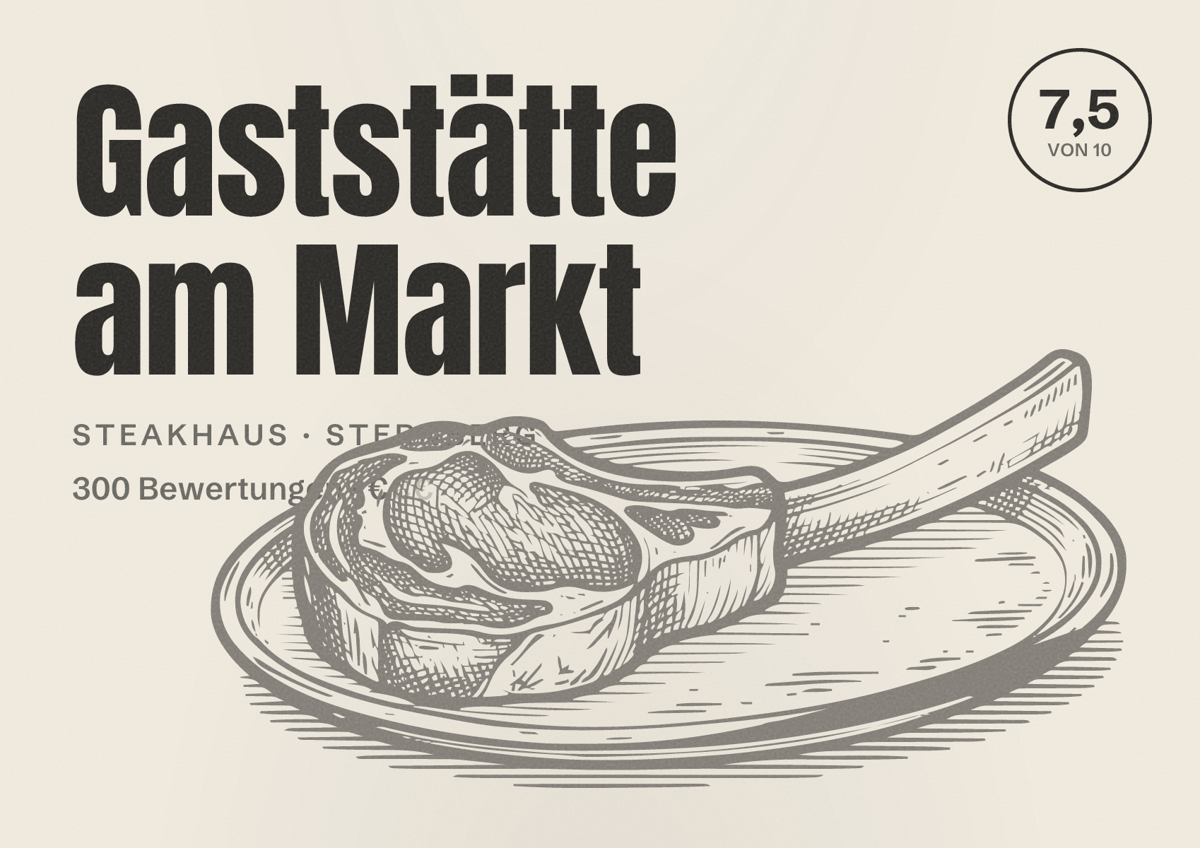 Illustriertes Poster von Gaststätte am Markt, Steakhaus in Sternberg: Bewertung 7,5 von 10 aus 300 Bewertungen, Preisniveau €