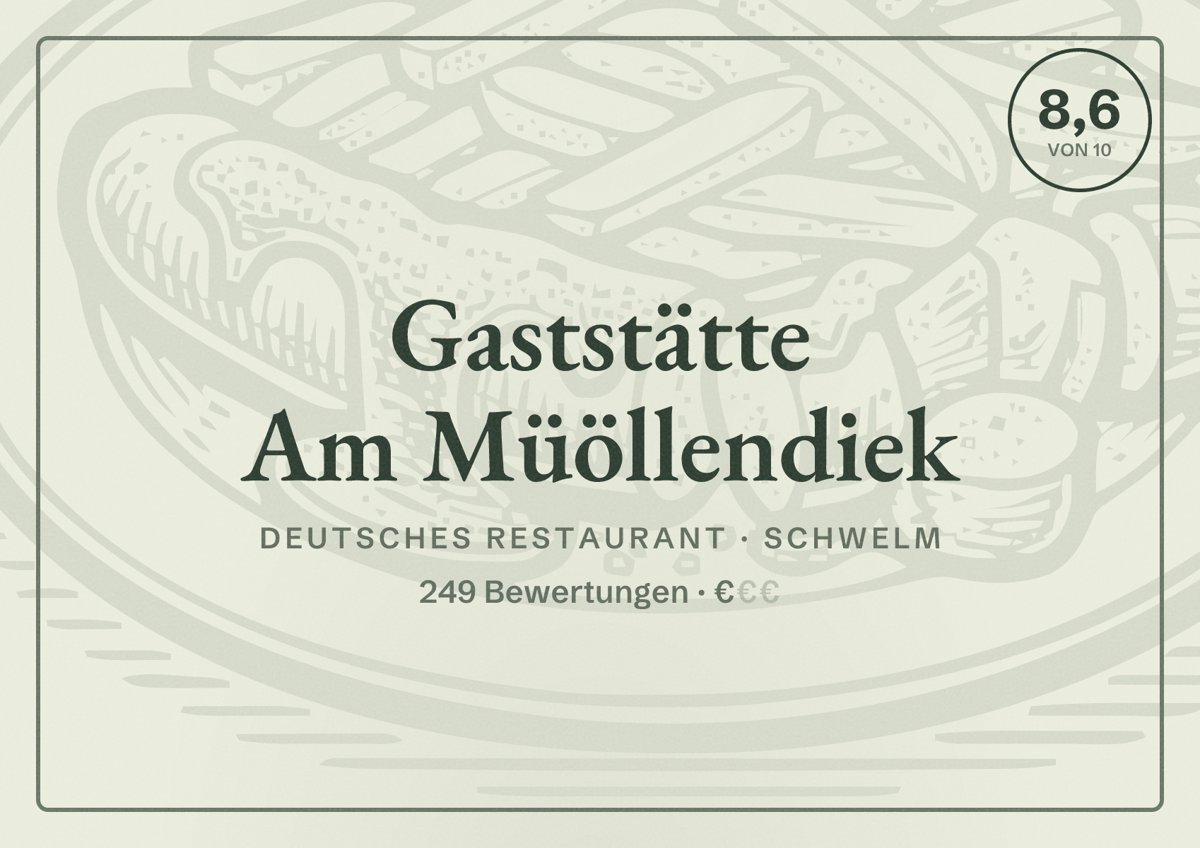 Illustriertes Poster von Gaststätte Am Müöllendiek, Deutsches Restaurant in Schwelm: Bewertung 8,6 von 10 aus 249 Bewertungen, Preisniveau €