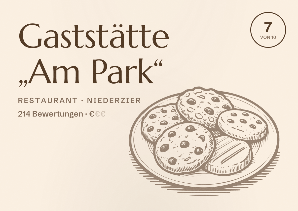 Illustriertes Poster von Gaststätte „Am Park“, Restaurant in Niederzier: Bewertung 7 von 10 aus 214 Bewertungen, Preisniveau €
