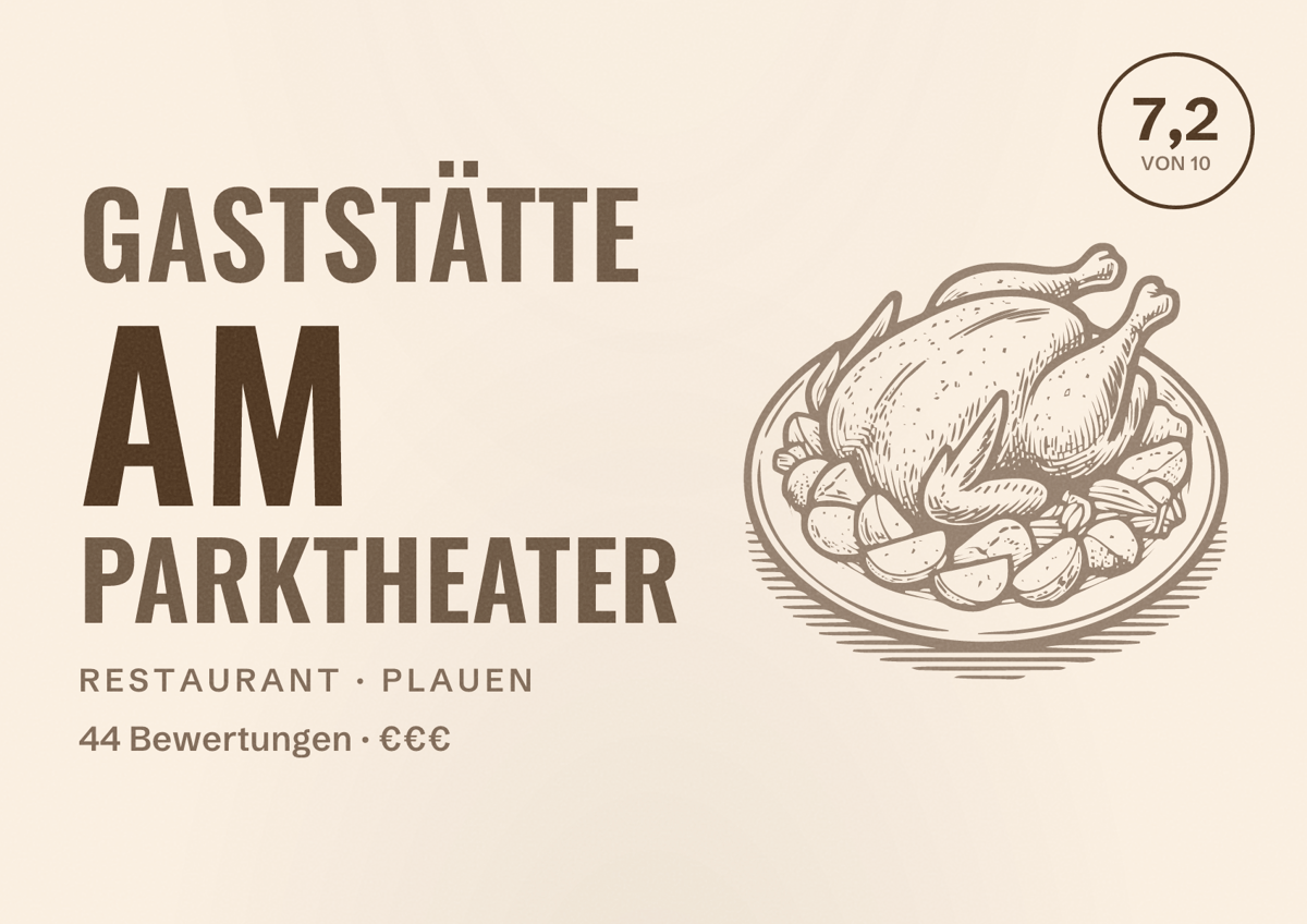 Illustriertes Poster von Gaststätte Am Parktheater, Restaurant in Plauen: Bewertung 7,2 von 10 aus 44 Bewertungen, Preisniveau €€€