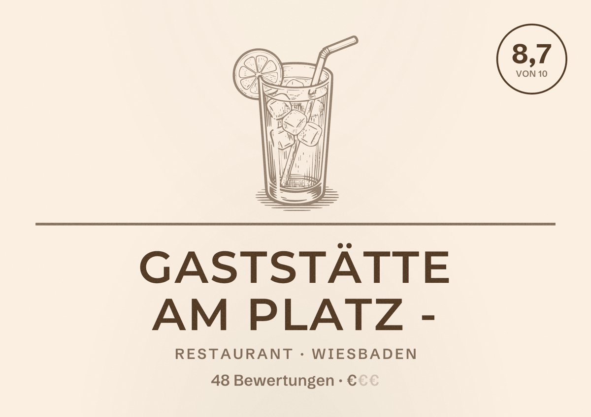Illustriertes Poster von Gaststätte Am Platz -, Restaurant in Wiesbaden: Bewertung 8,7 von 10 aus 48 Bewertungen, Preisniveau €