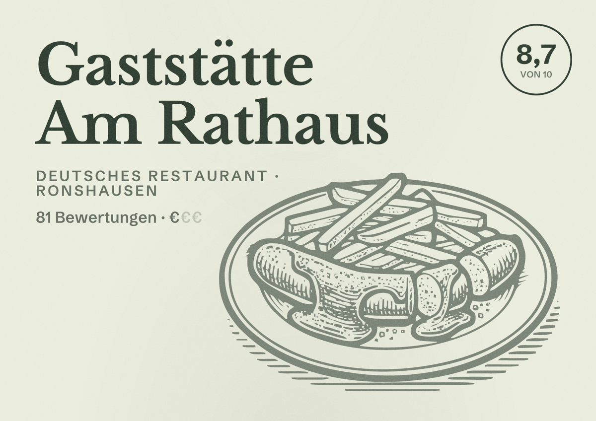 Illustriertes Poster von Gaststätte Am Rathaus, Deutsches Restaurant in Ronshausen: Bewertung 8,7 von 10 aus 81 Bewertungen, Preisniveau €