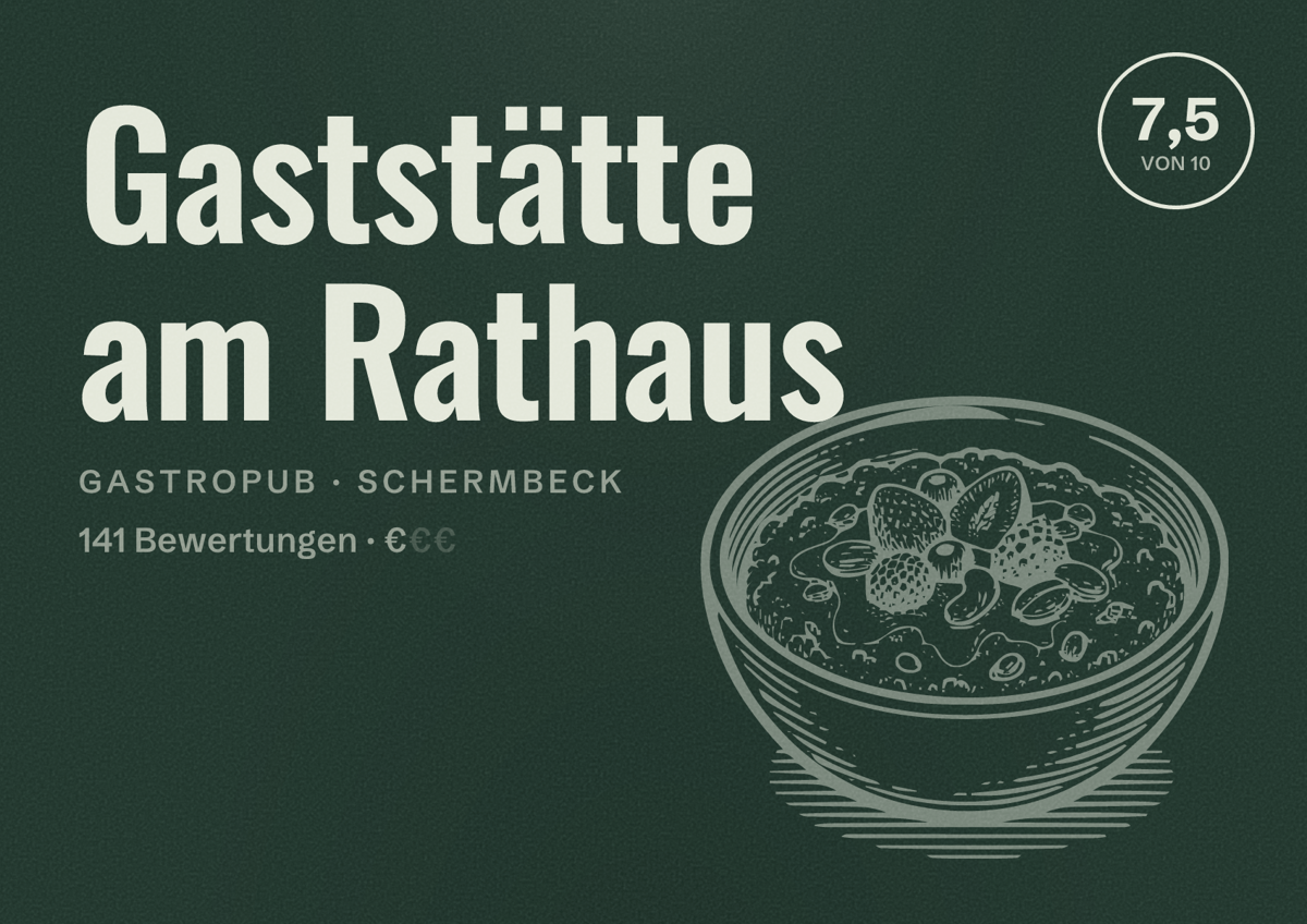 Illustriertes Poster von Gaststätte am Rathaus, Gastropub in Schermbeck: Bewertung 7,5 von 10 aus 141 Bewertungen, Preisniveau €