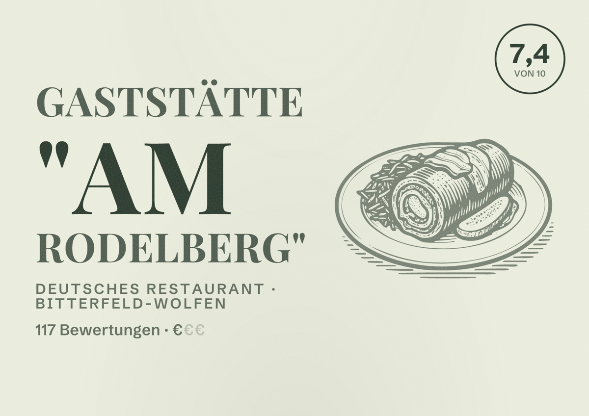 Illustriertes Poster von Gaststätte "Am Rodelberg", Deutsches Restaurant in Bitterfeld-Wolfen: Bewertung 7,4 von 10 aus 117 Bewertungen, Preisniveau €