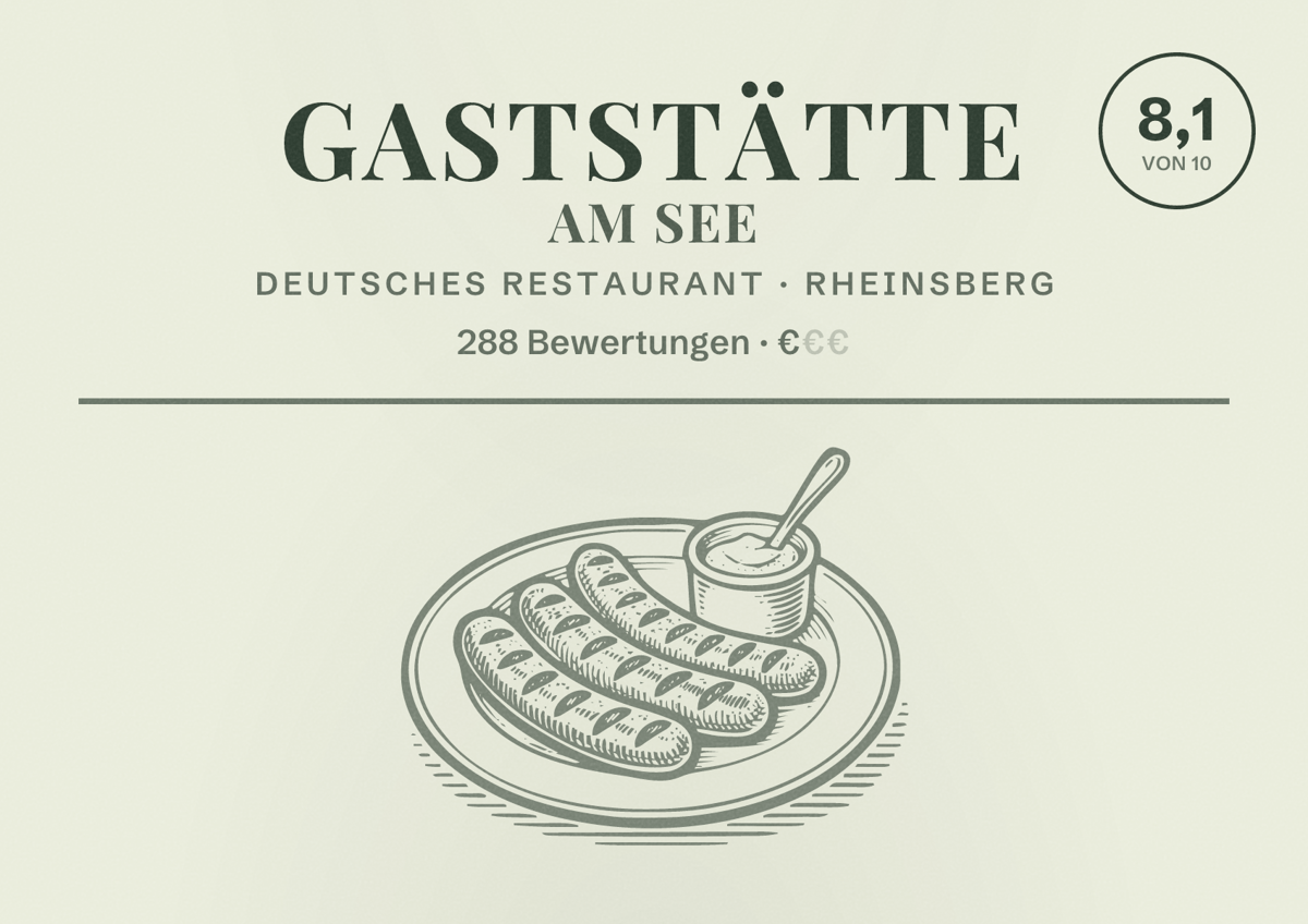Illustriertes Poster von Gaststätte am See, Deutsches Restaurant in Rheinsberg: Bewertung 8,1 von 10 aus 288 Bewertungen, Preisniveau €