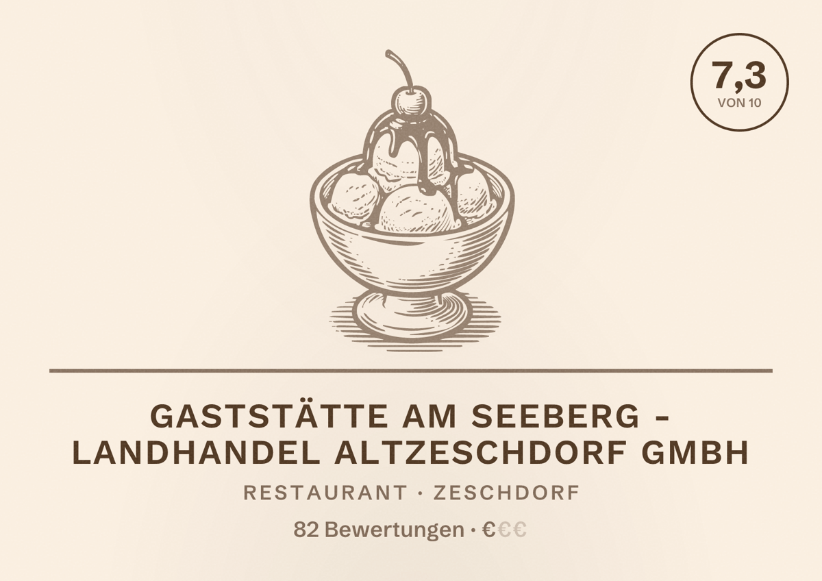 Illustriertes Poster von Gaststätte Am Seeberg - Landhandel Altzeschdorf GmbH, Restaurant in Zeschdorf: Bewertung 7,3 von 10 aus 82 Bewertungen, Preisniveau €