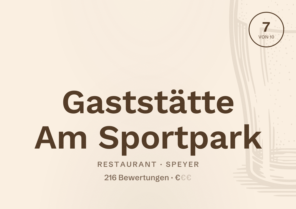 Illustriertes Poster von Gaststätte Am Sportpark, Restaurant in Speyer: Bewertung 7 von 10 aus 216 Bewertungen, Preisniveau €