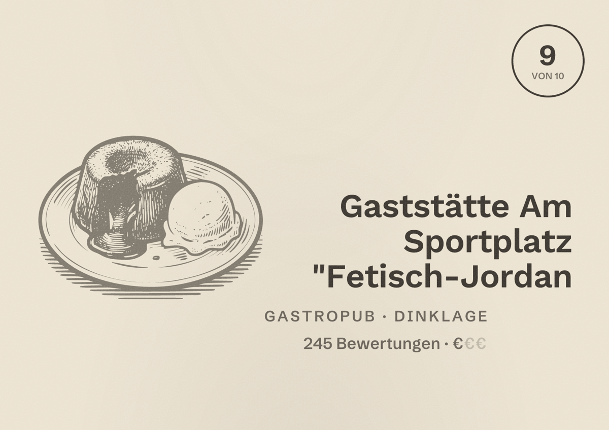 Illustriertes Poster von Gaststätte Am Sportplatz "Fetisch-Jordan, Gastropub in Dinklage: Bewertung 9 von 10 aus 245 Bewertungen, Preisniveau €