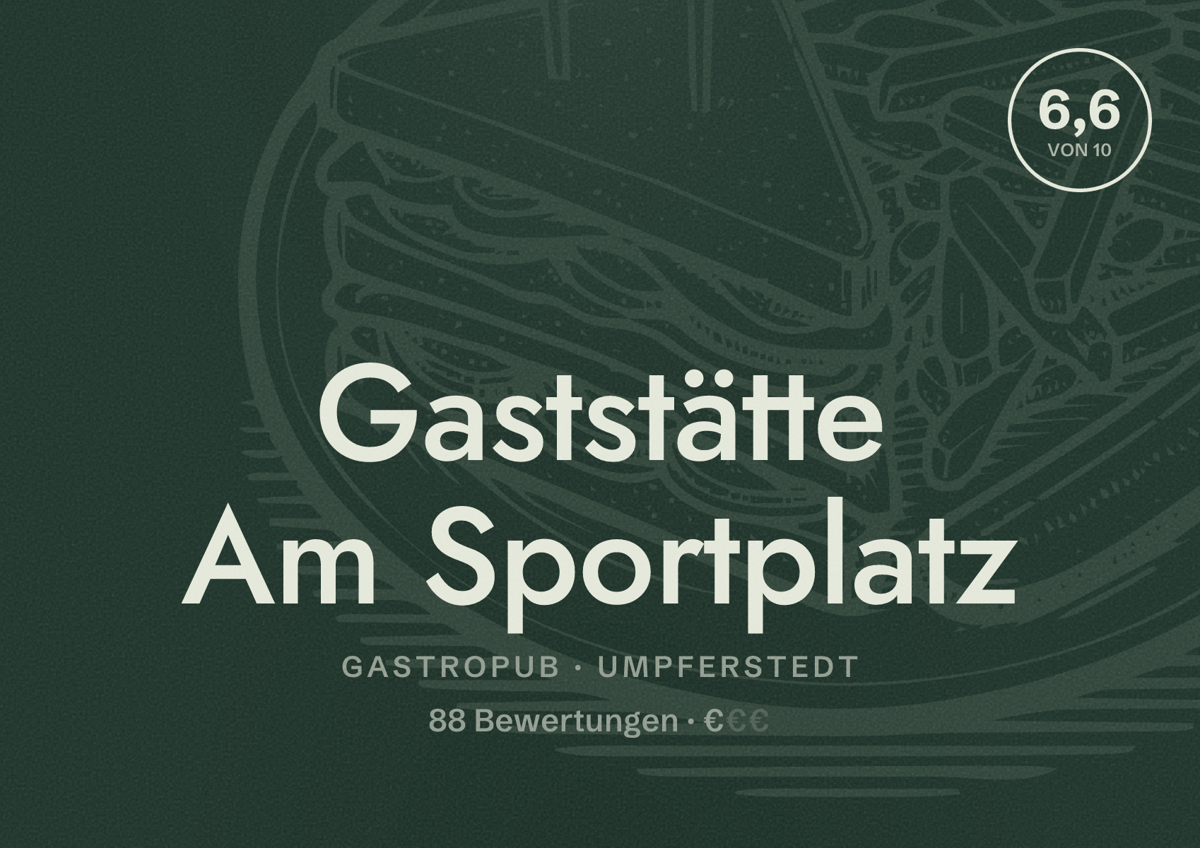 Illustriertes Poster von Gaststätte Am Sportplatz, Gastropub in Umpferstedt: Bewertung 6,6 von 10 aus 88 Bewertungen, Preisniveau €