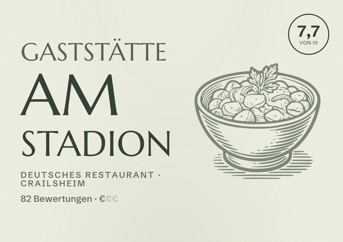 Illustriertes Poster von Gaststätte am Stadion, Deutsches Restaurant in Crailsheim: Bewertung 7,7 von 10 aus 82 Bewertungen, Preisniveau €