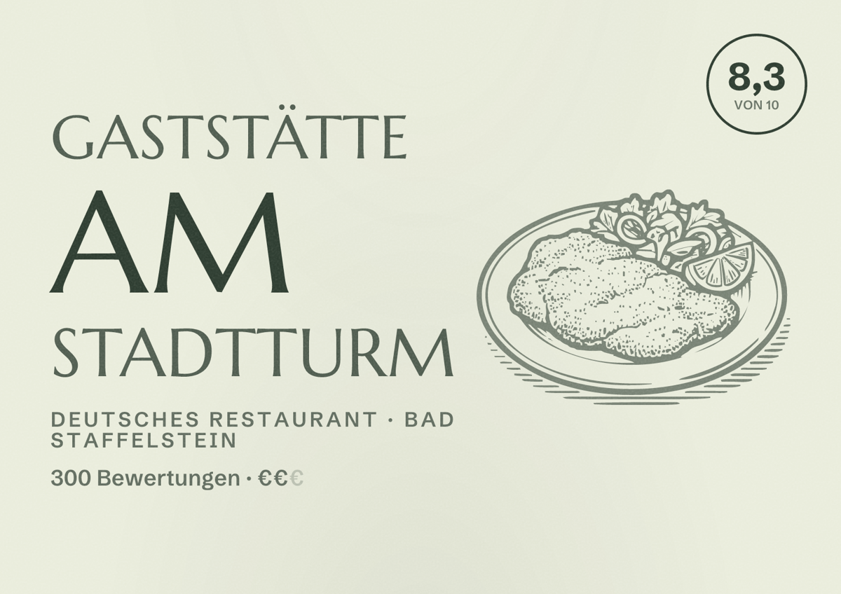 Illustriertes Poster von Gaststätte Am Stadtturm, Deutsches Restaurant in Bad Staffelstein: Bewertung 8,3 von 10 aus 300 Bewertungen, Preisniveau €€