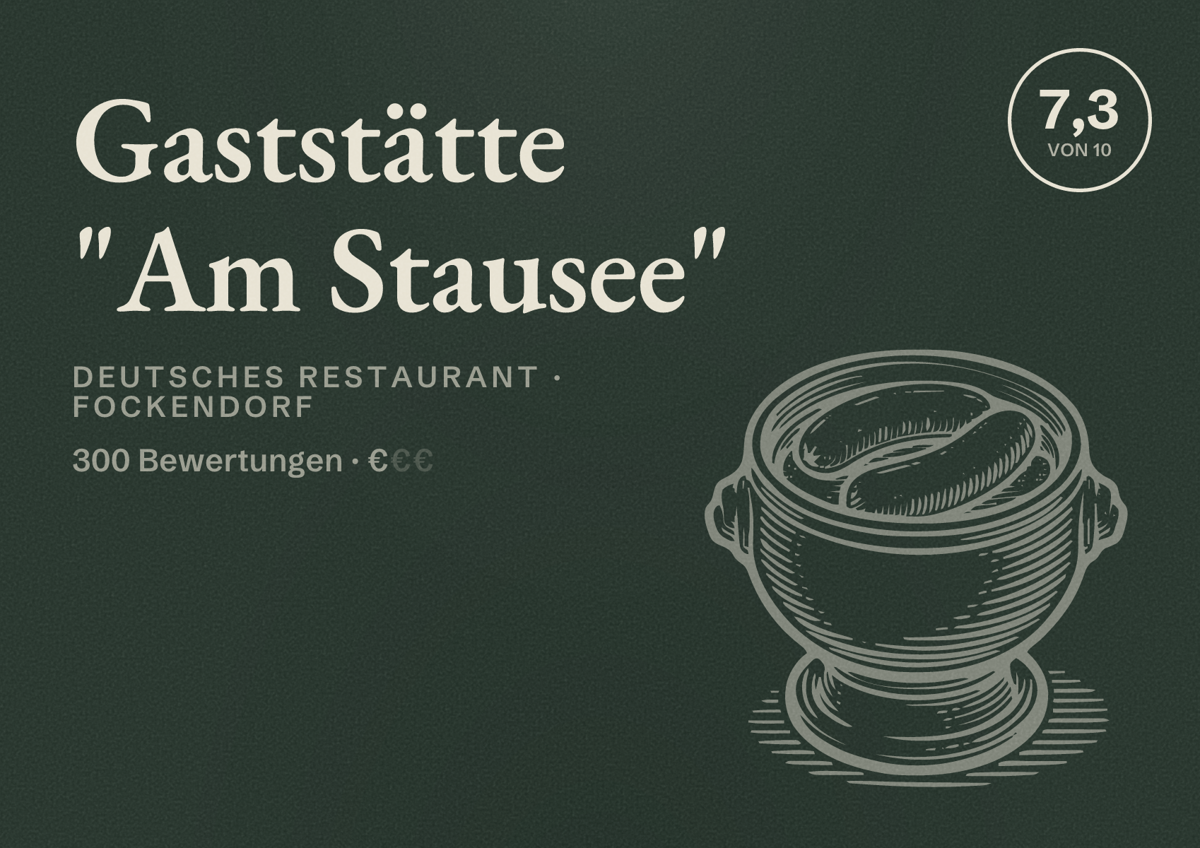 Illustriertes Poster von Gaststätte "Am Stausee", Deutsches Restaurant in Fockendorf: Bewertung 7,3 von 10 aus 300 Bewertungen, Preisniveau €