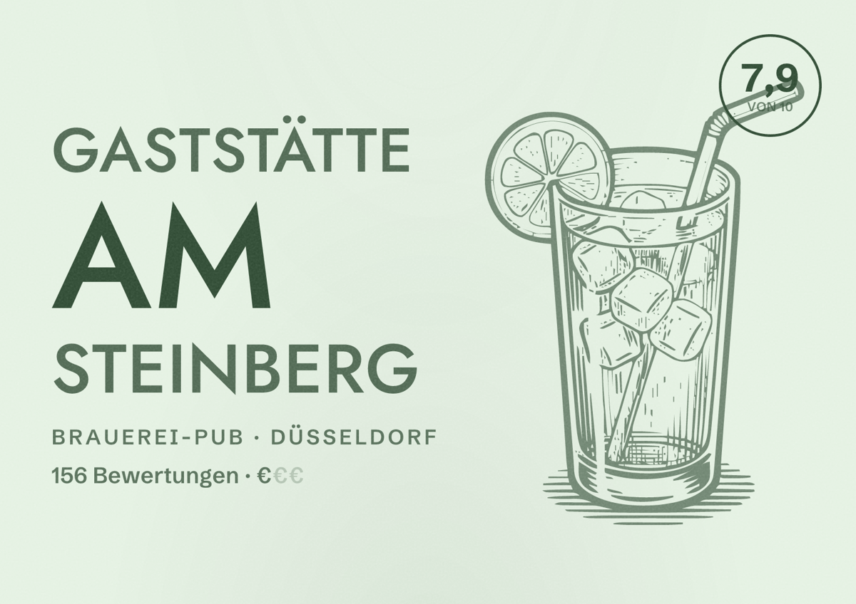 Illustriertes Poster von Gaststätte am Steinberg, Brauerei-Pub in Düsseldorf: Bewertung 7,9 von 10 aus 156 Bewertungen, Preisniveau €