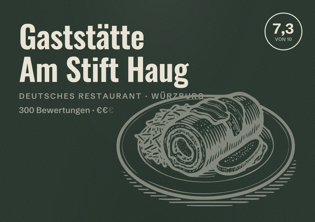 Illustriertes Poster von Gaststätte Am Stift Haug, Deutsches Restaurant in Würzburg: Bewertung 7,3 von 10 aus 300 Bewertungen, Preisniveau €€