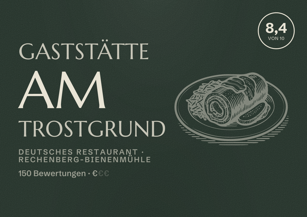 Illustriertes Poster von Gaststätte Am Trostgrund, Deutsches Restaurant in Rechenberg-Bienenmühle: Bewertung 8,4 von 10 aus 150 Bewertungen, Preisniveau €