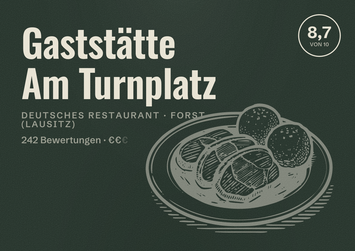 Illustriertes Poster von Gaststätte Am Turnplatz, Deutsches Restaurant in Forst (Lausitz): Bewertung 8,7 von 10 aus 242 Bewertungen, Preisniveau €€