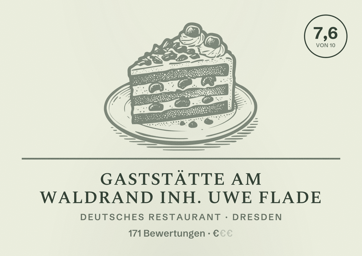 Illustriertes Poster von Gaststätte Am Waldrand Inh. Uwe Flade, Deutsches Restaurant in Dresden: Bewertung 7,6 von 10 aus 171 Bewertungen, Preisniveau €