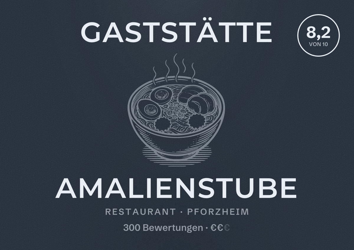 Illustriertes Poster von Gaststätte Amalienstube, Restaurant in Pforzheim: Bewertung 8,2 von 10 aus 300 Bewertungen, Preisniveau €€