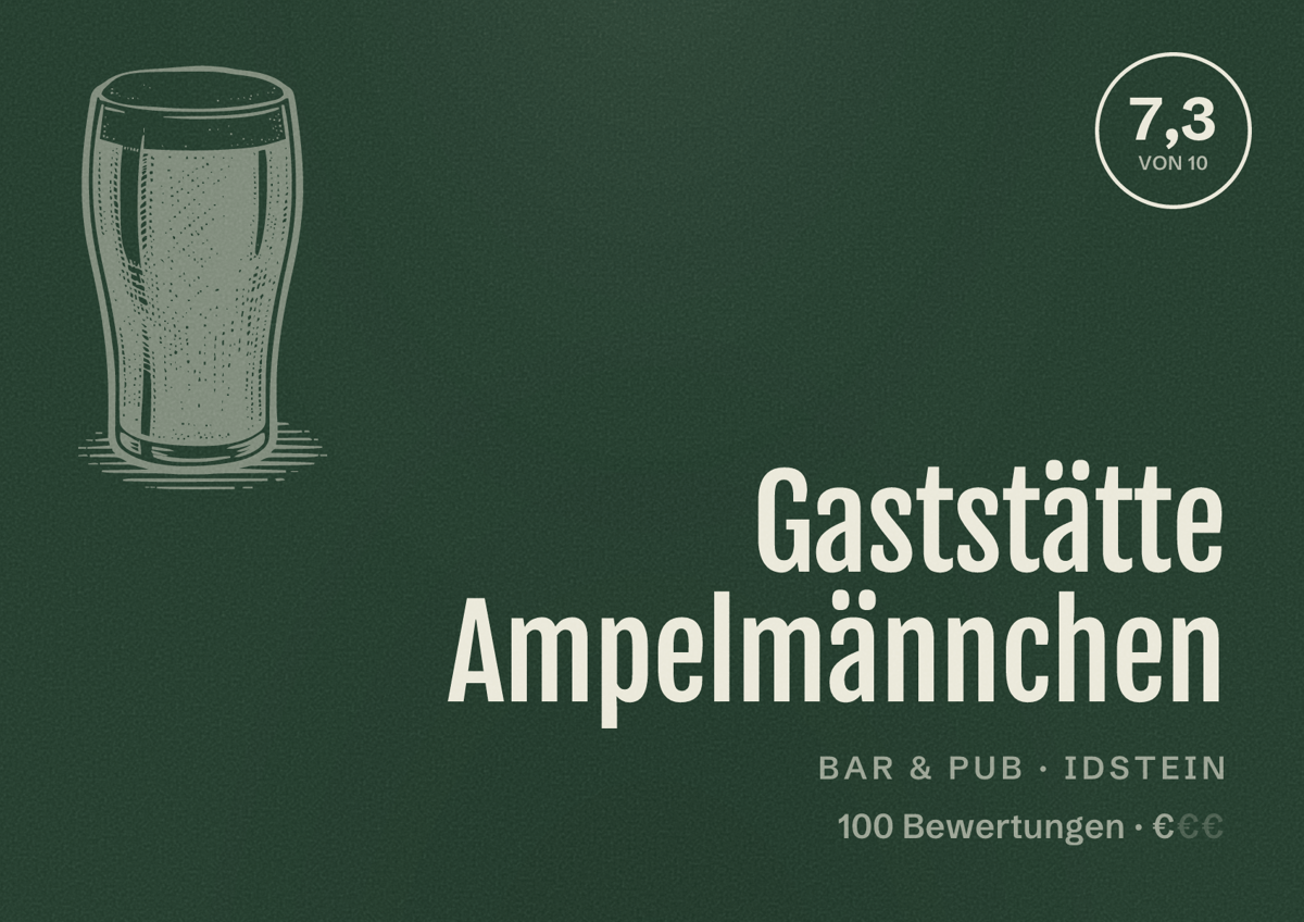 Illustriertes Poster von Gaststätte Ampelmännchen, Bar & Pub in Idstein: Bewertung 7,3 von 10 aus 100 Bewertungen, Preisniveau €
