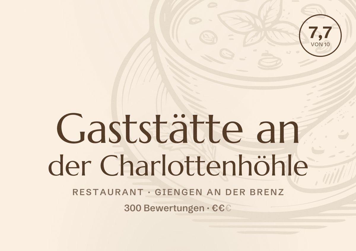 Illustriertes Poster von Gaststätte an der Charlottenhöhle, Restaurant in Giengen an der Brenz: Bewertung 7,7 von 10 aus 300 Bewertungen, Preisniveau €€