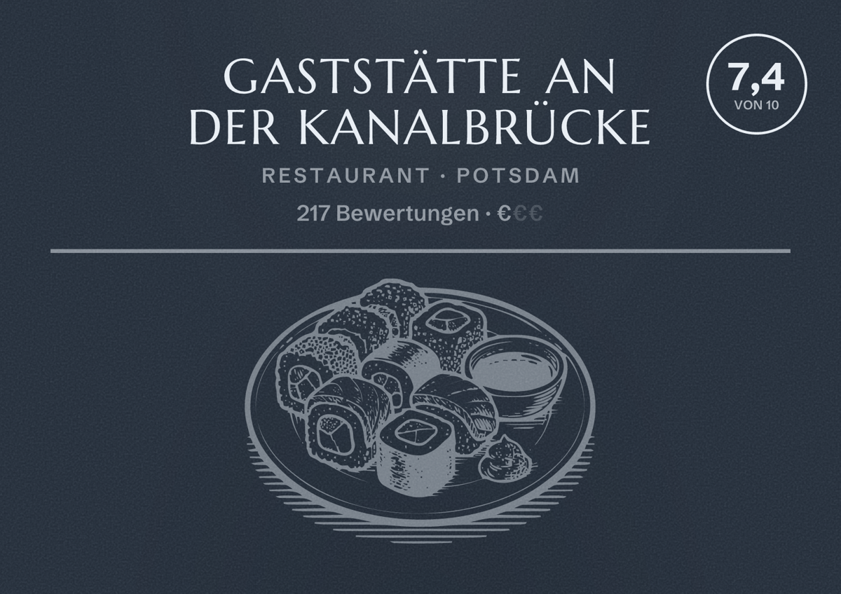 Illustriertes Poster von Gaststätte An der Kanalbrücke, Restaurant in Potsdam: Bewertung 7,4 von 10 aus 217 Bewertungen, Preisniveau €