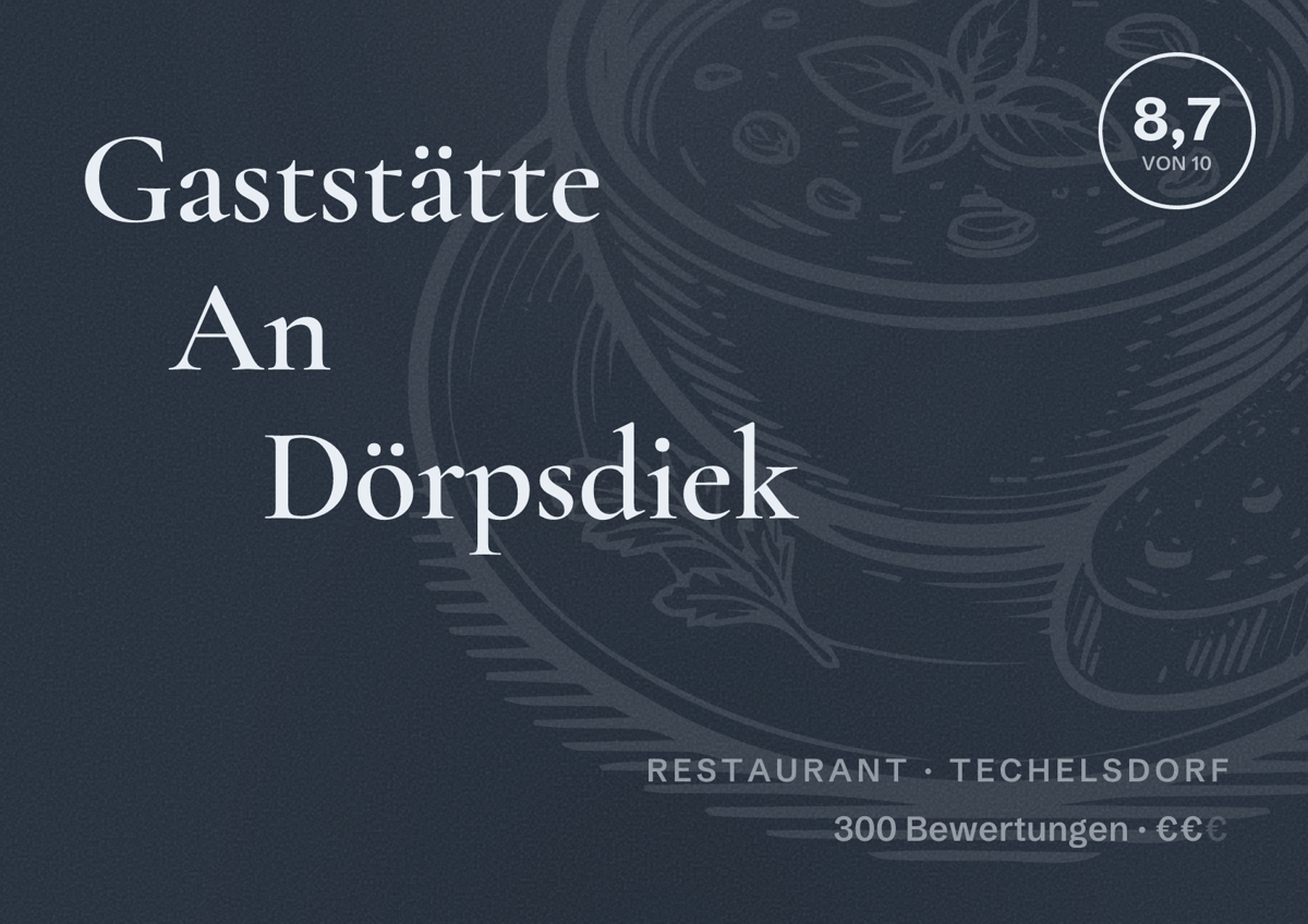 Illustriertes Poster von Gaststätte An Dörpsdiek, Restaurant in Techelsdorf: Bewertung 8,7 von 10 aus 300 Bewertungen, Preisniveau €€