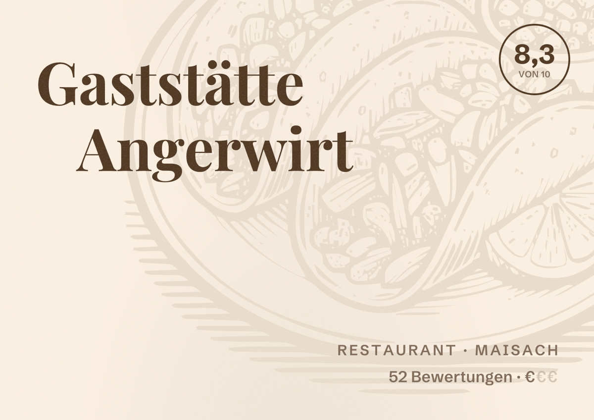 Illustriertes Poster von Gaststätte Angerwirt, Restaurant in Maisach: Bewertung 8,3 von 10 aus 52 Bewertungen, Preisniveau €