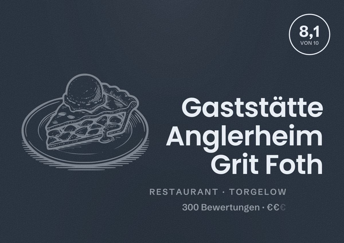 Illustriertes Poster von Gaststätte Anglerheim Grit Foth, Restaurant in Torgelow: Bewertung 8,1 von 10 aus 300 Bewertungen, Preisniveau €€