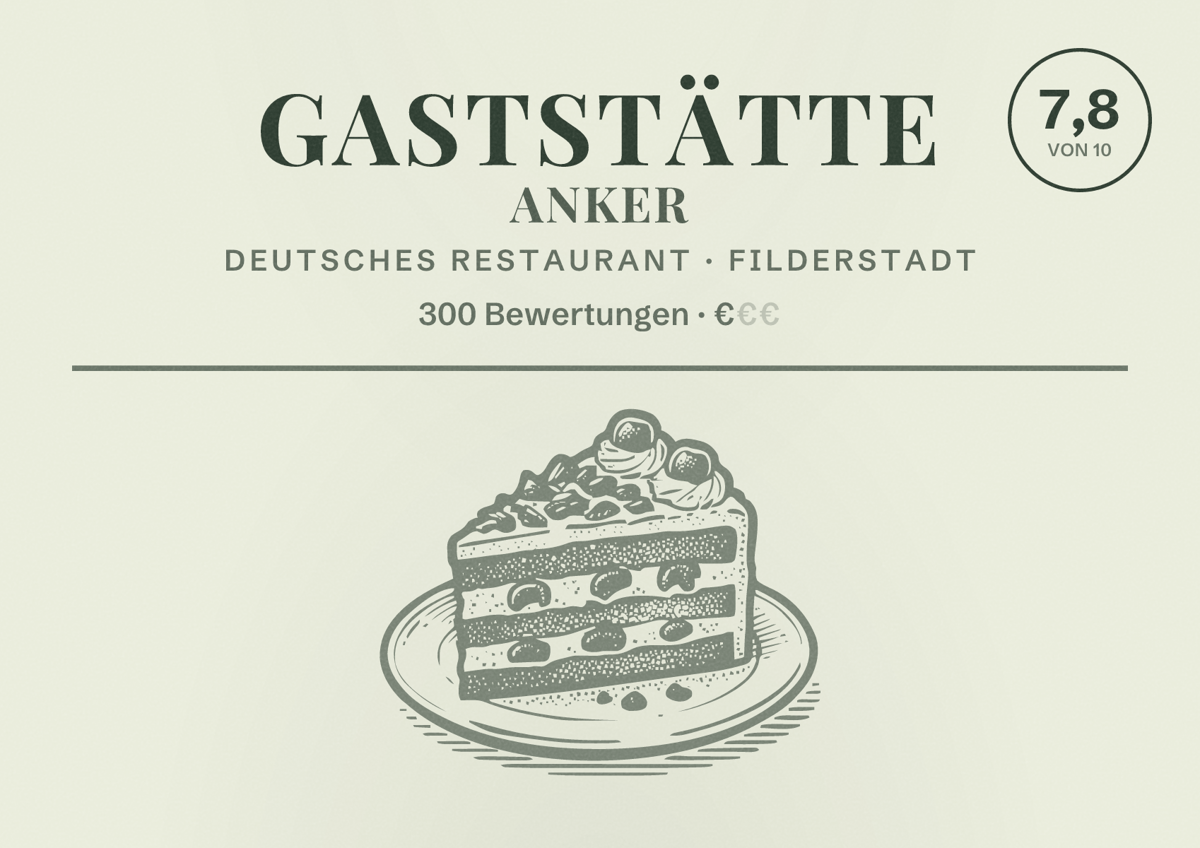 Illustriertes Poster von Gaststätte Anker, Deutsches Restaurant in Filderstadt: Bewertung 7,8 von 10 aus 300 Bewertungen, Preisniveau €