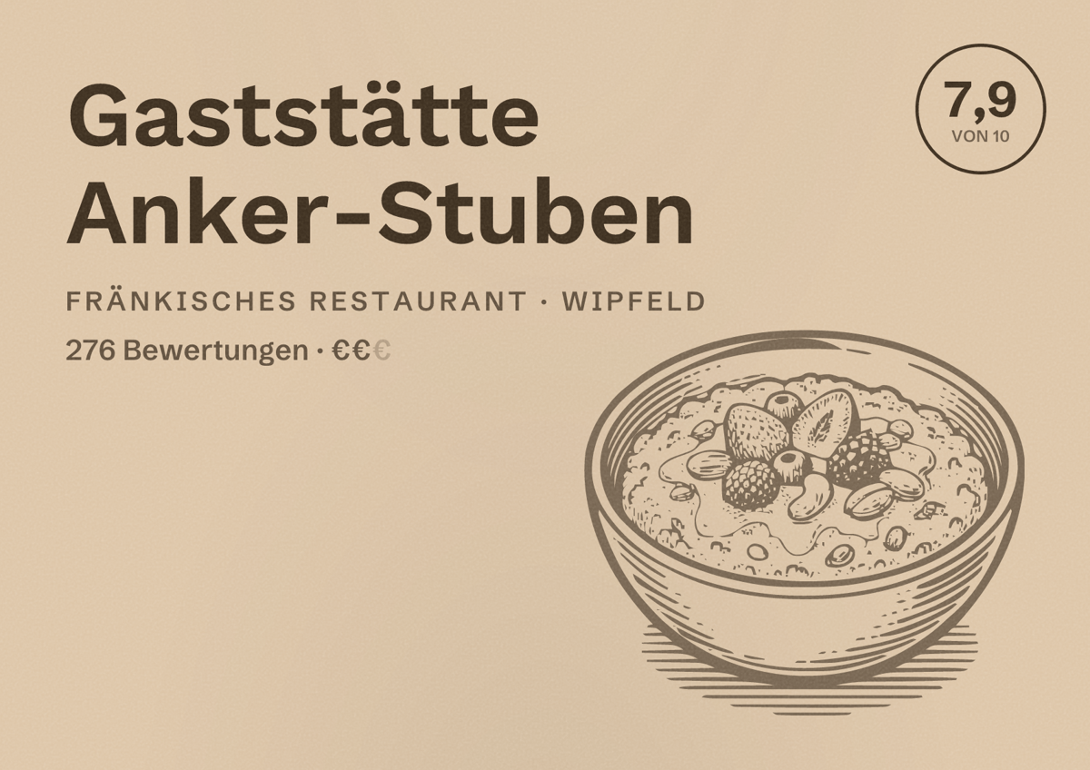 Illustriertes Poster von Gaststätte Anker-Stuben, Fränkisches Restaurant in Wipfeld: Bewertung 7,9 von 10 aus 276 Bewertungen, Preisniveau €€